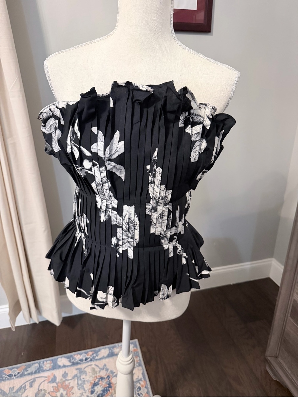 White House Black Market Black and White Pleated Strapless Camisole